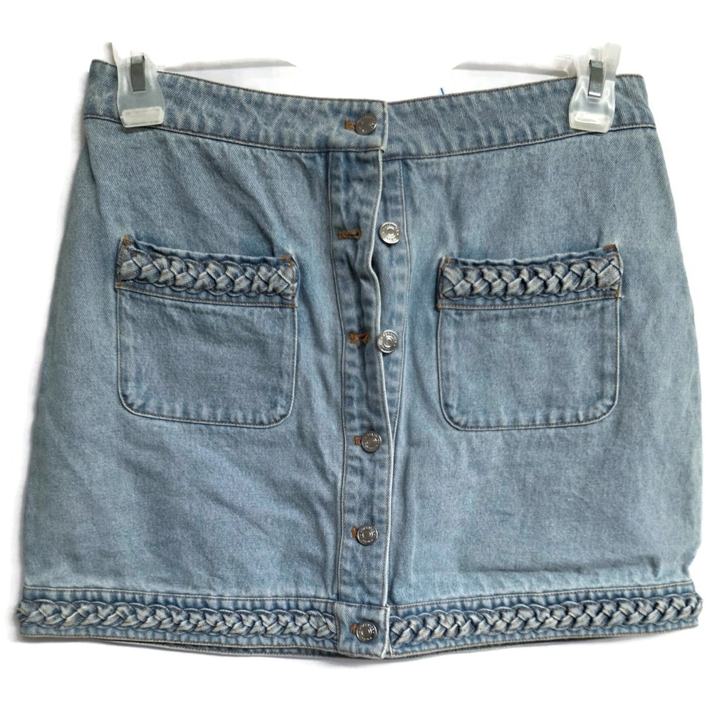 Berenice Light Wash Denim Mini Skirt Braided Trim Button Front Blue Size L